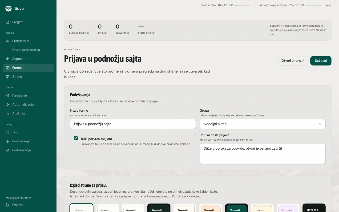 Uređivač forme za prijavu, sa izborom izgleda i načina prikaza